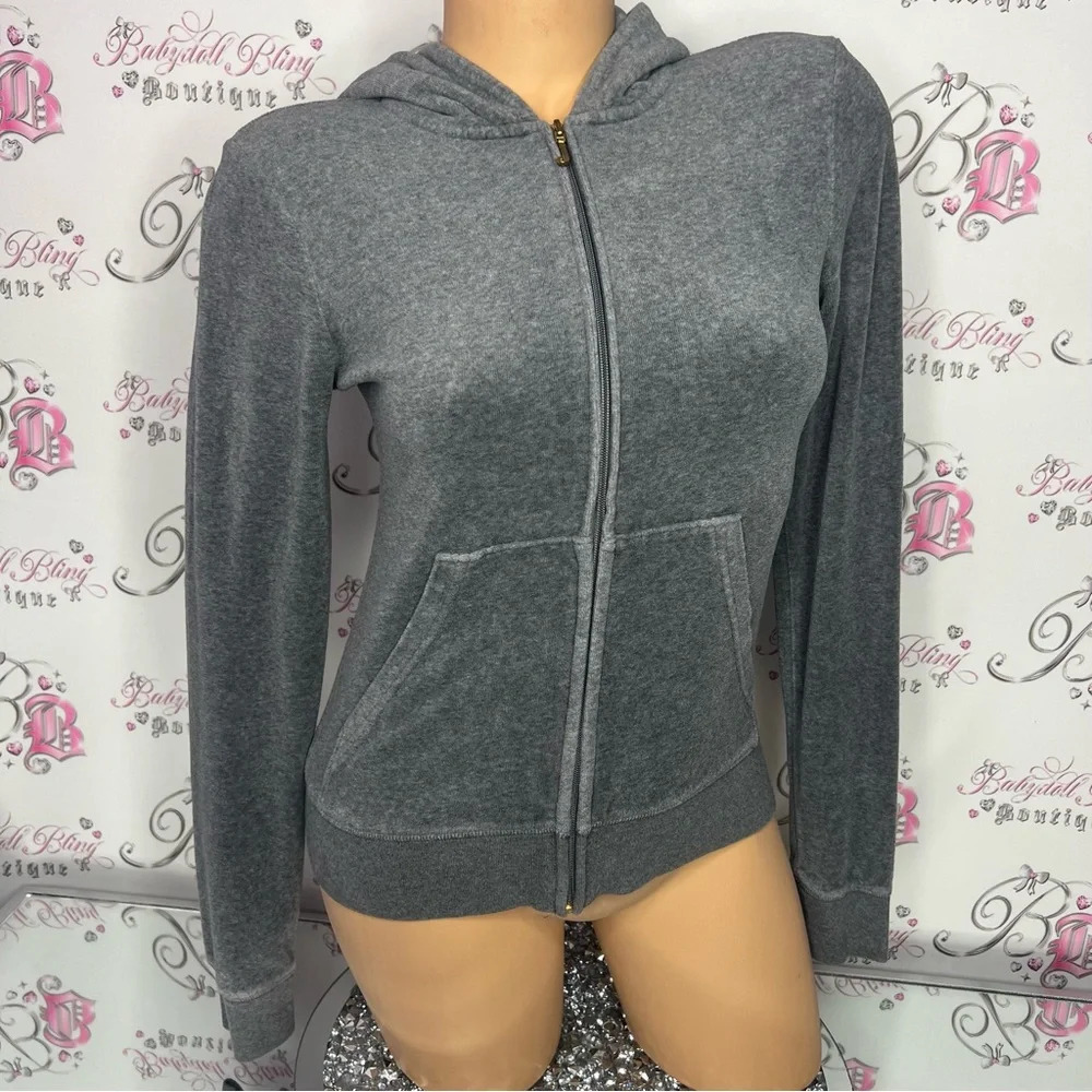 Juicy  couture grey zip up sweater fuzzy print logo on back with white sequins